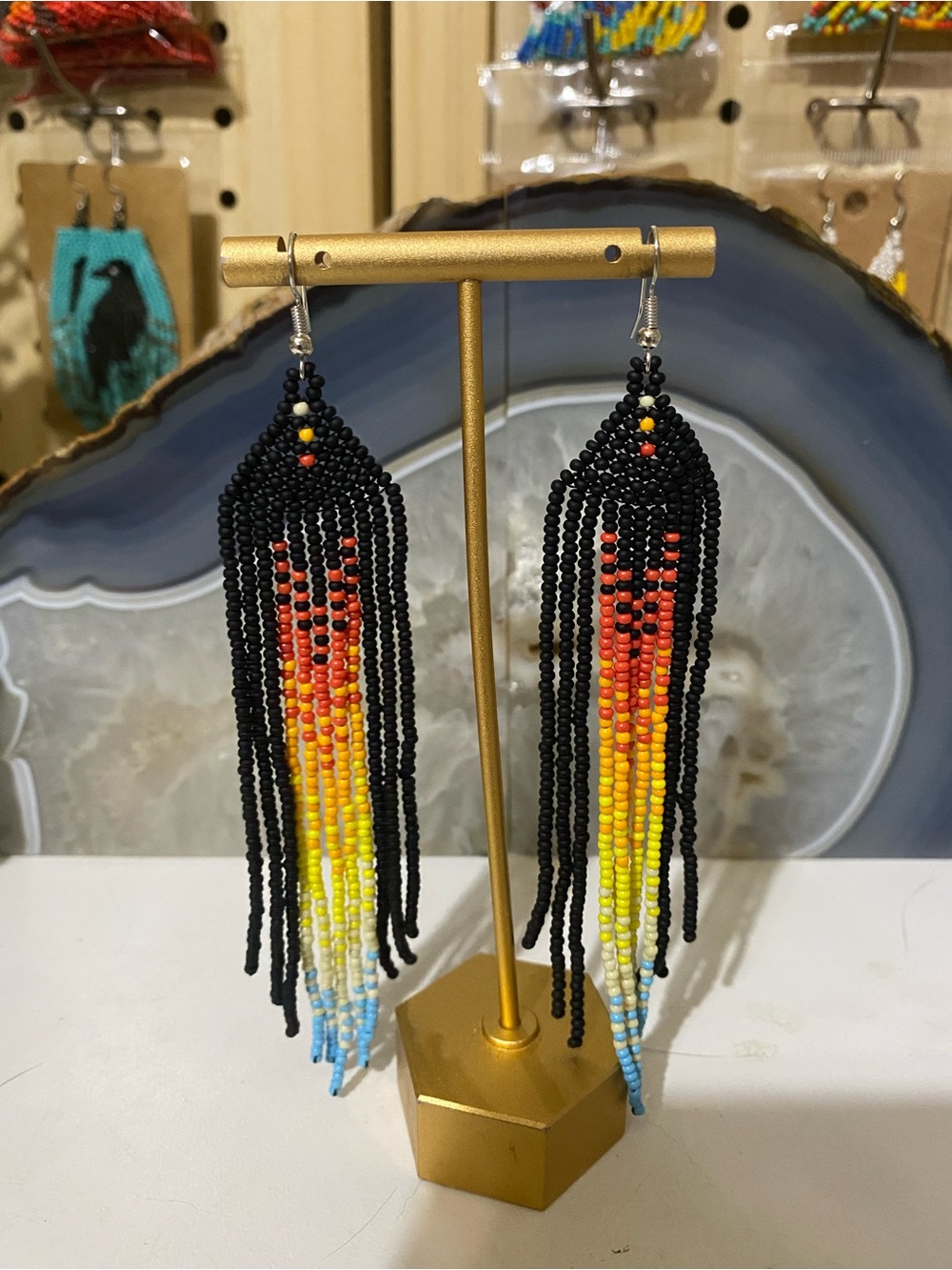 Black Seed Bead Fringe Earrings with Sunset Gradient